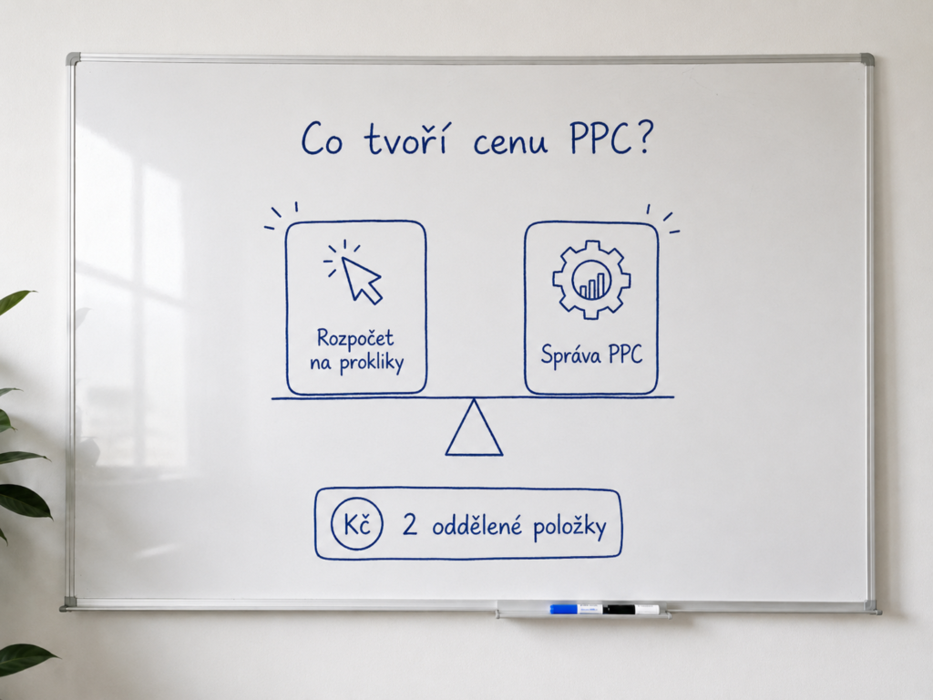 Ilustrace na bílé tabuli, co tvoří cenu ppc