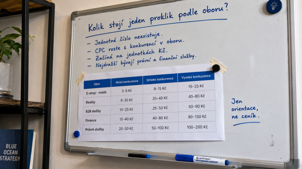 Nástěnka s informacemi o tom, kolik stojí jeden proklik v placené kampani dle oboru