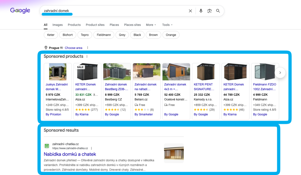 Výsledky vyhledávání Google s označenými placenými reklamami (PPC